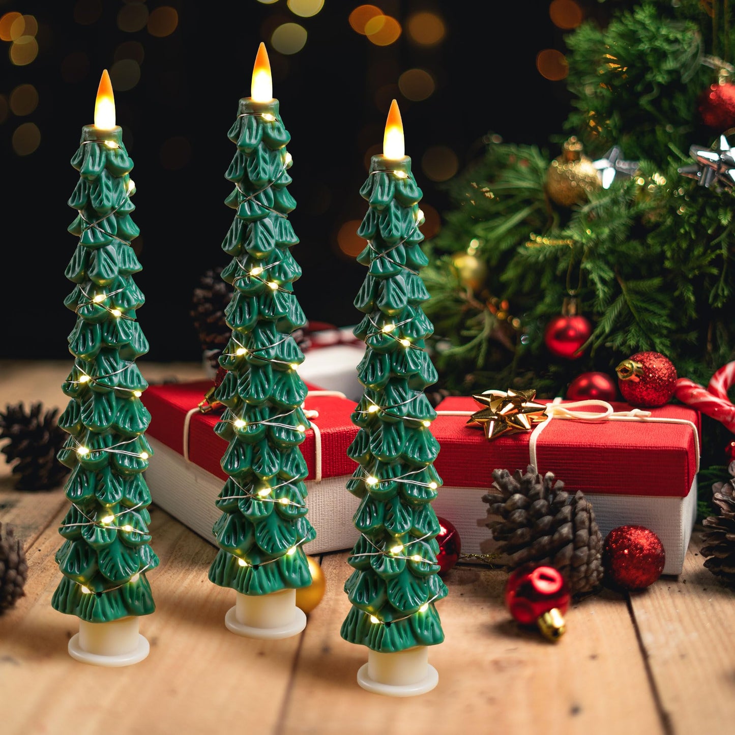 Christmas Tree Candles Surrounded by Fairy Lights, LED flameless Candle Lights with Remote Control Timing Function. Green