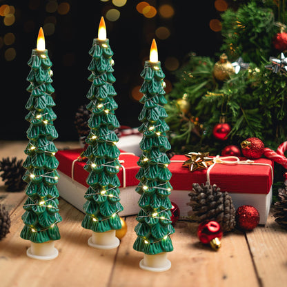 Christmas Tree Candles Surrounded by Fairy Lights, LED flameless Candle Lights with Remote Control Timing Function. Green