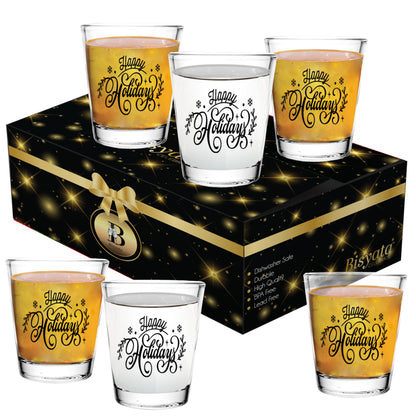 Bisyata Christmas Shot Glass Gift Set - Happy Holidays - For Thanksgiving - Glass Drinkware or Votive Candle Holder for Table Decoration - 2oz Set of 6 With Gift Box