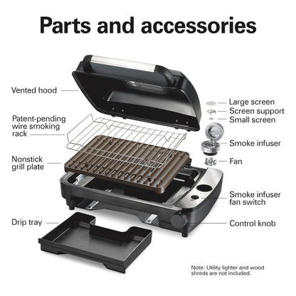 Hamilton Beach Electric Indoor Grill with Hot and Cold Smoke Infuser, 150°F - 450°F Temperature Control For Searing, Vented Hood and Fan, 116 Sq. In. Non-Stick Cooking Surface, Black (25375)