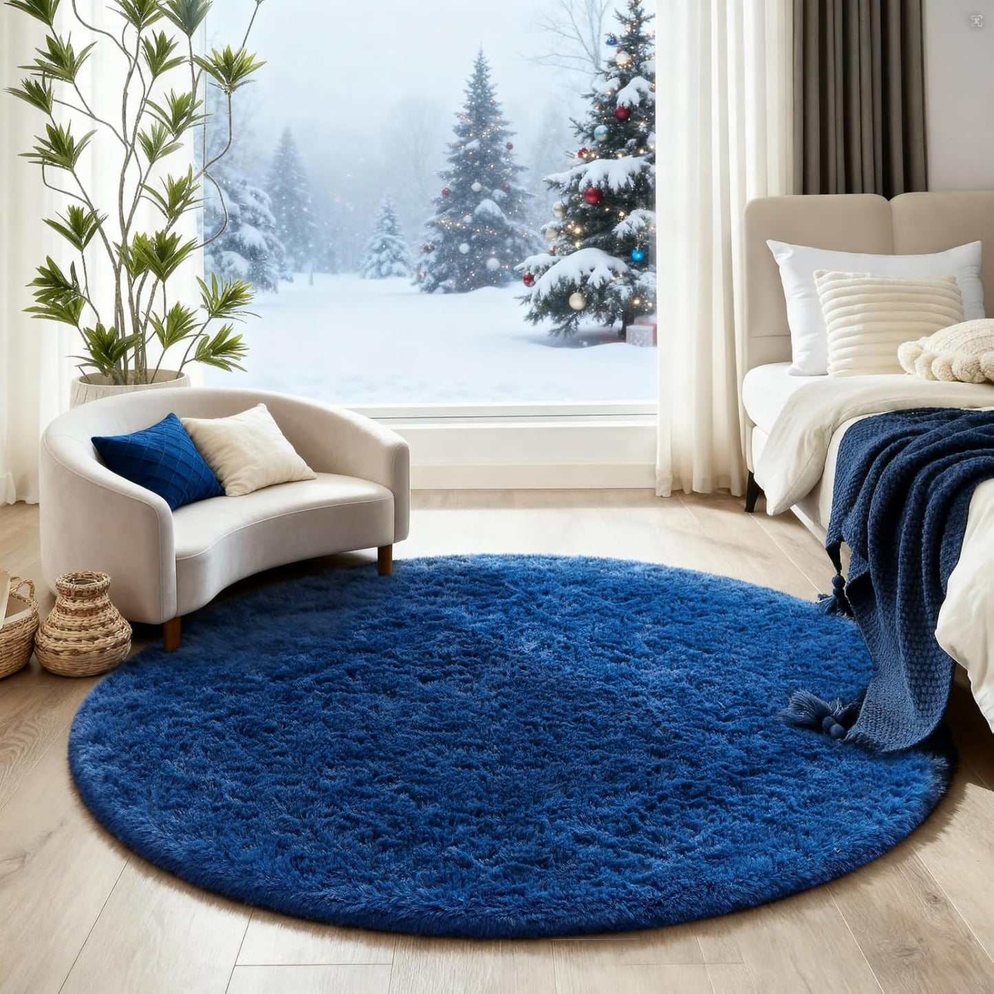 Ophanie Blue Round Rug - 4Ft Circle Area Rug for Boys Room | Soft, Fluffy Shaggy Carpet for Kids' Decor