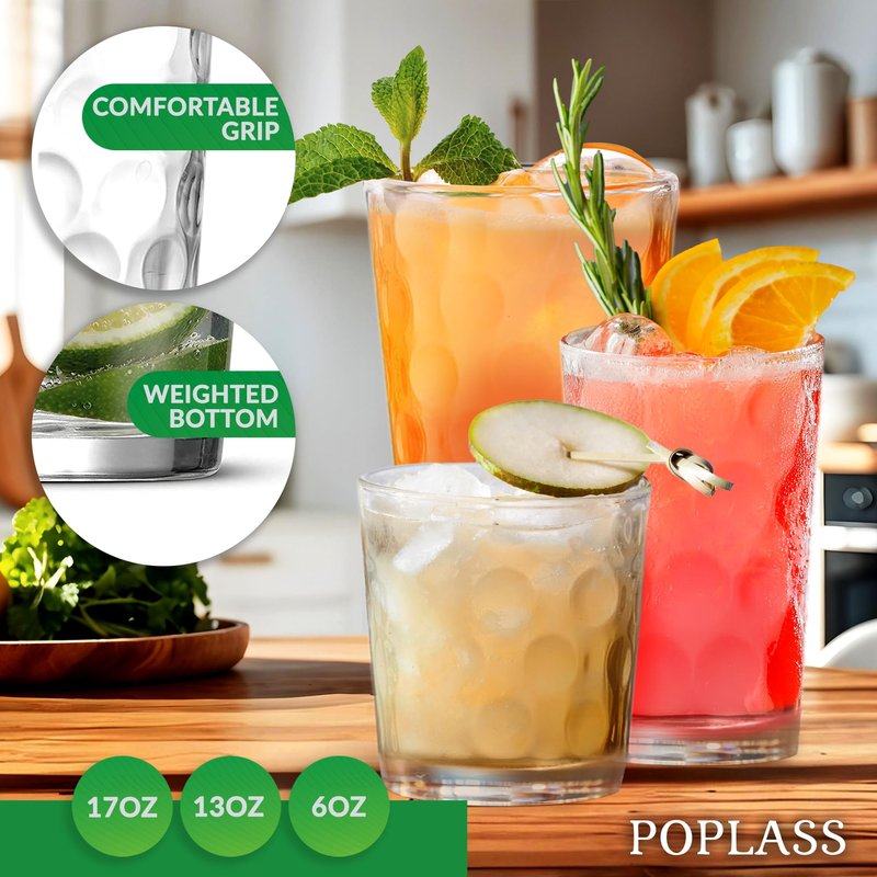 POPLASS Melrose 18-Piece Family Drinking Glasses Set - Drinking Glassware Set with Highball Cooler, DOF (Double Old Fashioned), and Juice Glasses - 6 Each