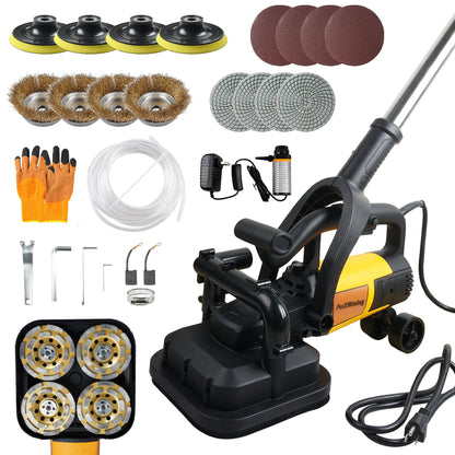 4-Head Concrete Grinder Set, 4" 3800W Concrete Floor Grinder with Long Handle, Dust Extraction Shroud & Water Pump, 6000RPM Concrete Surface Grinder Machine for Grinding Concrete Marble Granite