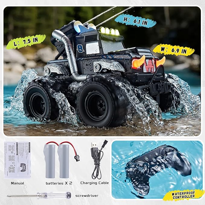 3-in-1 Amphibious Remote Control Car RC Boat/Water Gun 2.4GHz All Terrain Waterproof Monster Trucks for Boys Age 4-7 W/2 Batteries 70 min Birthday Gift Pool Toys for Kids Ages 4-8
