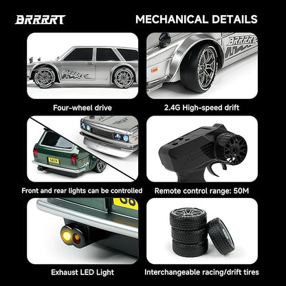 BRRRRT 4WD High Speed RC Drift Car1:24 Remote Control Car20KM/H Mini RC Drift Car with LED LightsAdjustable High Speed/Low Speed Drift CarExtra Drifting TiresBirthday Gifts for Kids Gift 6+