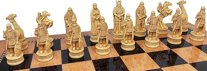 Antique Ivory &amp Brown Norse Viking Chess Set with 17 inch Walnut and Birdseye Maple Color Storage Board