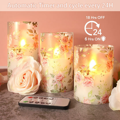 PETRISTRIKE Pink Flameless Candles with Remote Timer, Flickering Glass Candles, Love Themed Decor Battery Led Pillar Candles, Rose Table Ornaments for Mother Gifts,Valentine's Day, Centerpiece