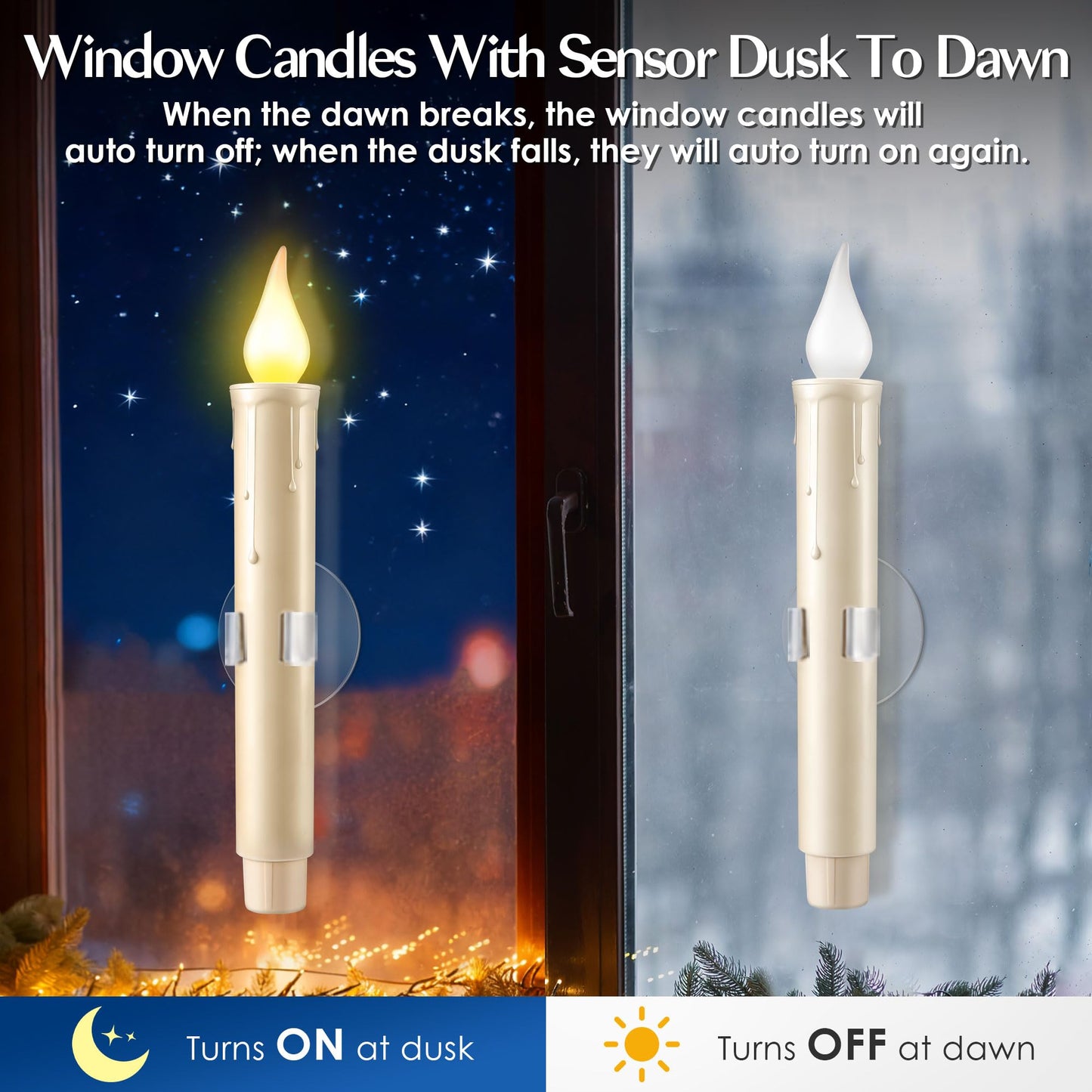 Enhon 6 Pcs Battery Operated Window Candles, Ivory LED Christmas Window Candles with Sensor Dusk to Dawn, Cordless Flameless Taper Candlestick with Battery & Suction Cup for Xmas Wedding Decorations