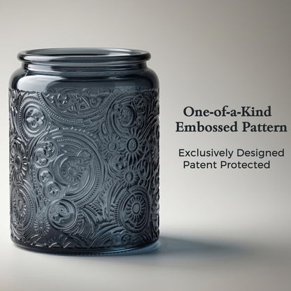 Art Secret 9-Pack 8oz Embossed Glass Candle Jars with Lids and Labels - Sun Moon Stars Design (Gray)