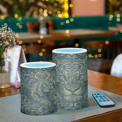 KGLDSNM Golden Lion Art LED Flameless Flickering Candle with Remote Timer Battery Operated for Indoor Outdoor Party Holiday Home Decor 2 Pack
