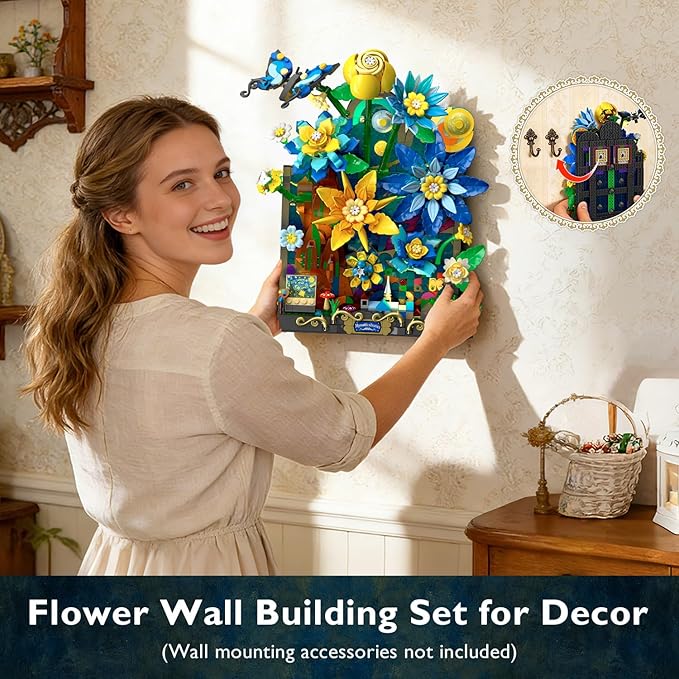 Starry Night Flower Wall Building Set with Lights Botanical Collection Famous Painting Artwork Building Block with Butterfly 1008 PCS Home Wall Decor for Adults Girls 10+