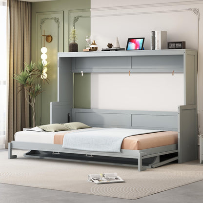 Ball & Cast Murphy Bed Queen Size Hideaway Beds with Hydraulic Lift & Desk Design,Industrial Multifunction Wood Wall Cabinets Bedframe W/Hardware Chain,Space-Saving for Apartment,Gray