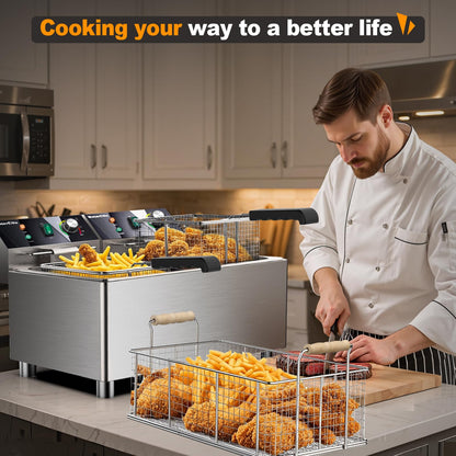 WaterElfo electric turkey fryer Commercial deep fryer with basket 3600W27.4QT with timer26L deepen deep fryer Variable twin cylinder 13.7QT*2 Rapid heating