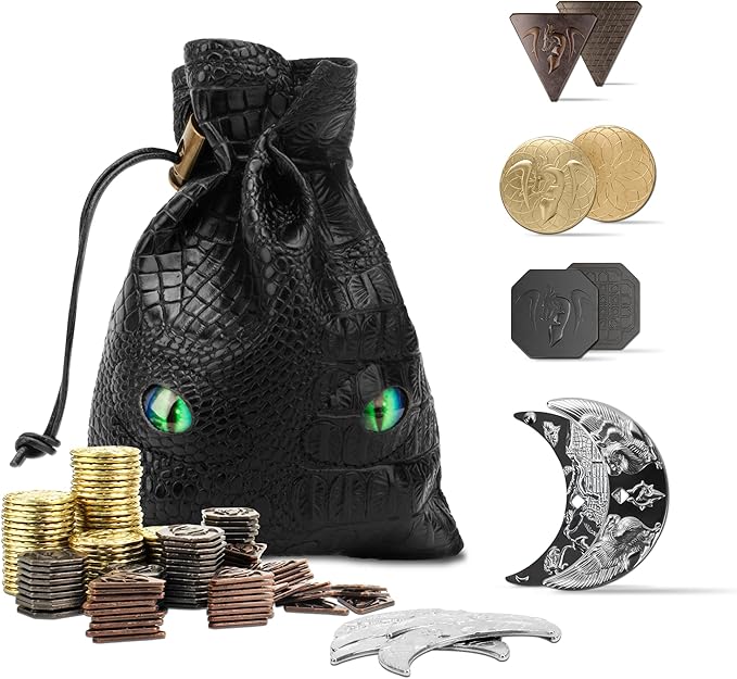 145PCS Metal DND Coins &amp Leather Bag Contains 60 Gold Coins 40 Sliver Coins 40 Copper Coins and 5 Platinum Coins Tokens with Glow in The Night Eyes Bag for RPG Tablelap Games