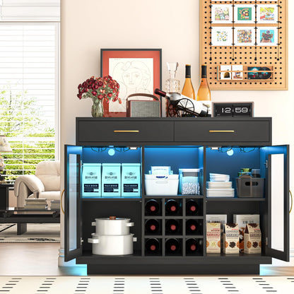 knoworld Wine Bar Cabinet with LED Lights, Coffee Bar Cabinet with Wine and Glass Rack, Black Bar Cabinet Liquor Cabinet, Kitchen Buffet Sideboard with Storage for Living Room, Dining Room