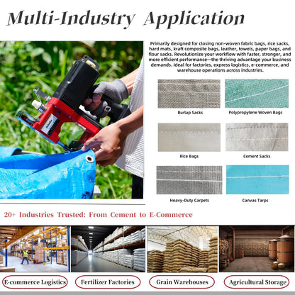 Cordless Bag Sewing Machine |PortableIndustrial Bag Closer |2-Second Fast Sealingfor Woven PP/Canvas/Jute Bags |Factory &Farm Bag Stitcher (Red, Lithium Battery-36VDC)