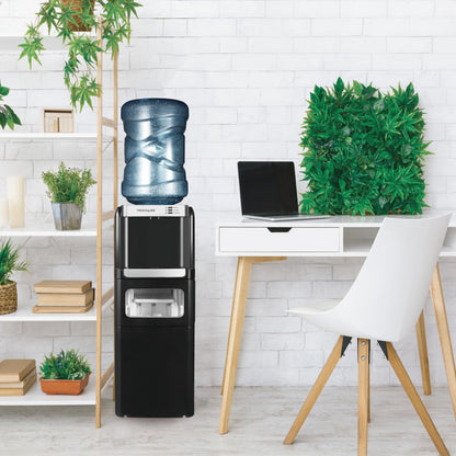 Frigidaire 3-in-1 Hot or Cold Top-Load Water Cooler Dispenser, 5 Gal Bottle, Built-in Bullet Ice Maker, Compact, Black