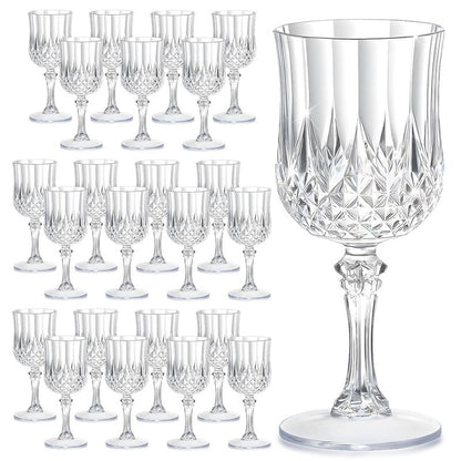 HTTBEIZI 7OZ Plastic Wine Glasses, Reusable Vintage Goblets Unbreakable Drinking Glasses Crystal Water Cups Champagne for Wedding, Parties (24, Clear)