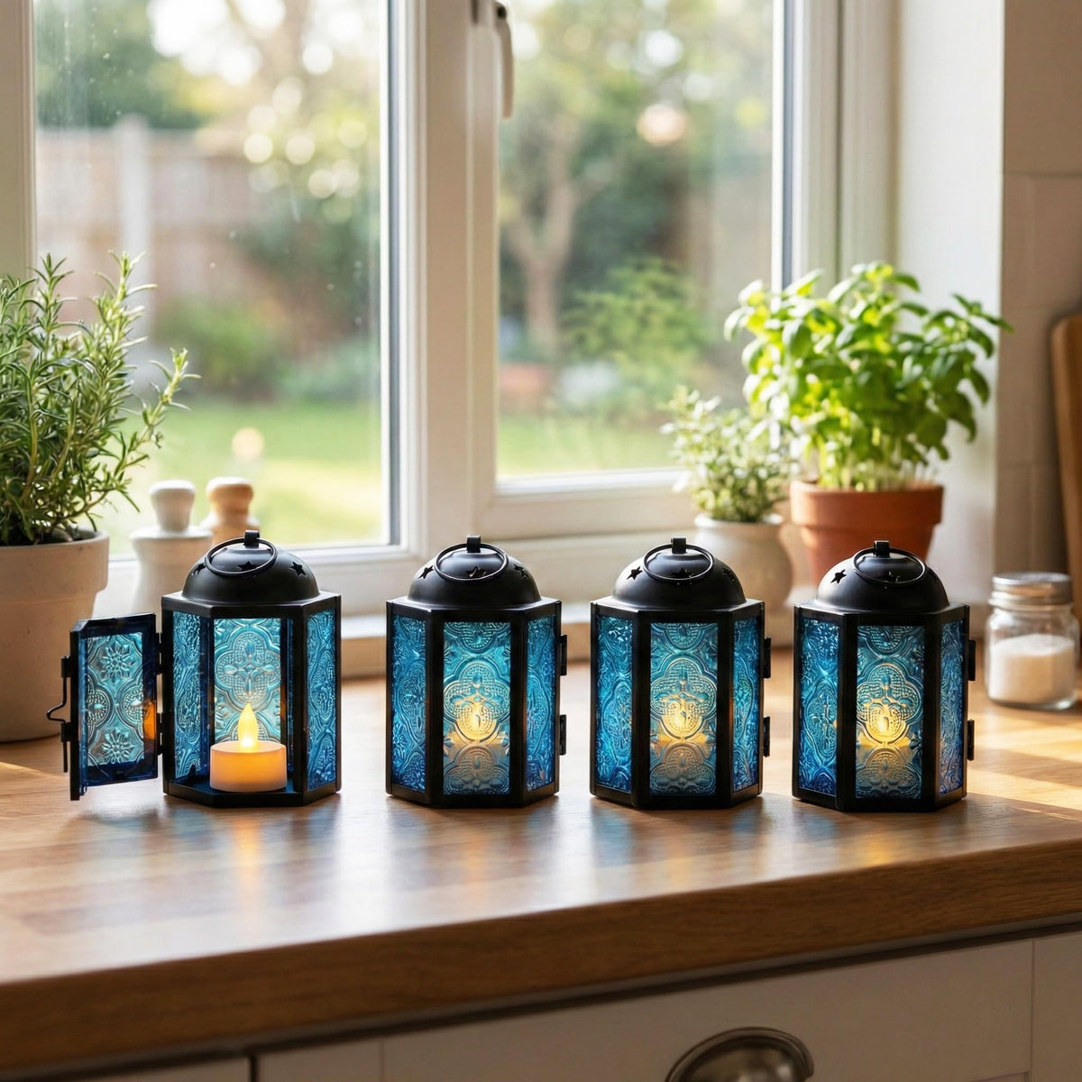 Vela Lanterns Tea Light Candle Holders, Votive Holders, Mini Moroccan Lamps, Decorative Metal Hanging Candle Lantern, Table Centerpieces, Small Indoor Shelf Decor, Turkish Ramadan Decor, 16pc, Blue