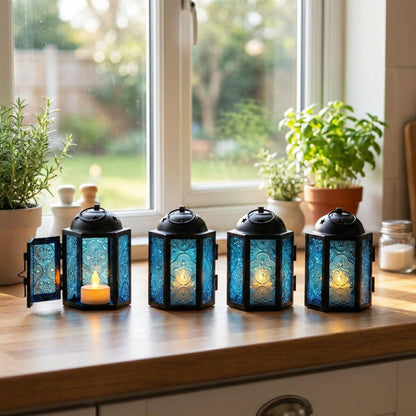 Vela Lanterns Tea Light Candle Holders, Votive Holders, Mini Moroccan Lamps, Decorative Metal Hanging Candle Lantern, Table Centerpieces, Small Indoor Shelf Decor, Turkish Ramadan Decor, 16pc, Blue