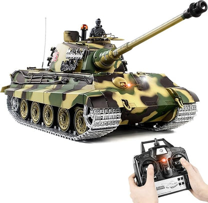 1/16 RC Tank Heng Long German King Tiger model Army Toy with Smoke Sound Light 2.4G Remote Control Tank That Shoot with Upgraded Metal Track Idler and Sprocket Wheel Steel Gearbox Two Batteries
