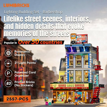 Barbershop Lighting Building Bricks Set - Street Fusion City Town Modular Playset Collection Display kit with Minifigures 2557 Pcs for Adults &amp Teens &amp Life Enthusiasts