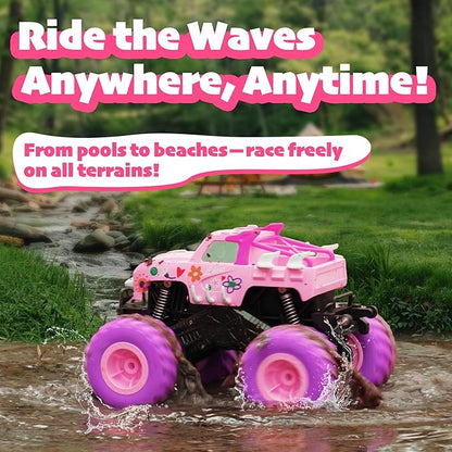 Threeking 1:16 Waterproof Pink RC Monster Truck Toys Amphibious Remote Control Car Pickup 4WD All-Terrain Toy Gift for Girls Ages 6 7 8 9 10 11 12 Durable Off-Road Fun for Indoor &amp Outdoor Play