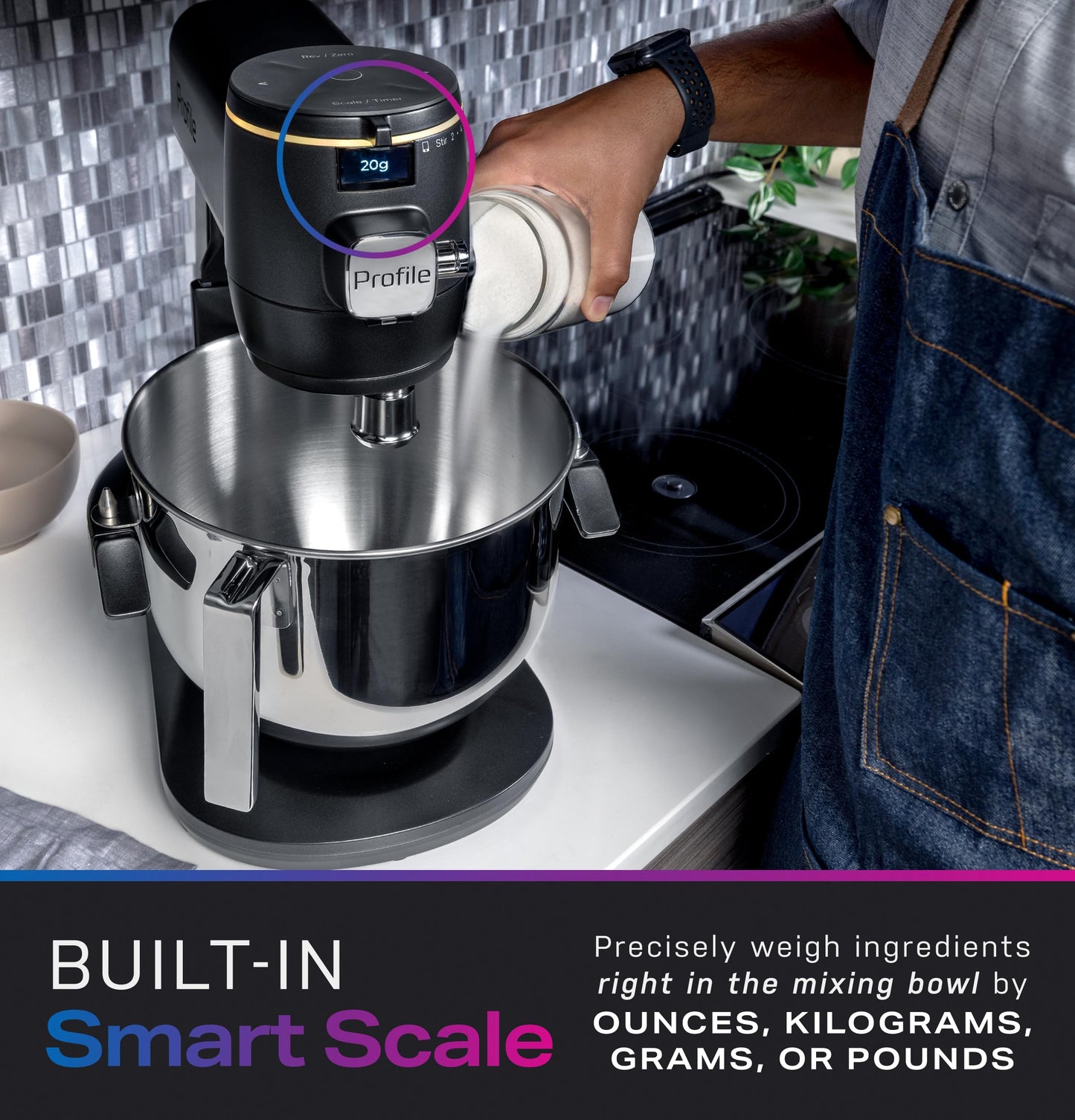 GE Profile Smart Stand Mixer, Built-In Smart Scale & Auto Sense Technology, 7qt Stainless Steel Bowl, 11 Speed, Includes Dough Hook, Beater, 11-Wire Whip, WiFi Connected, Carbon Black