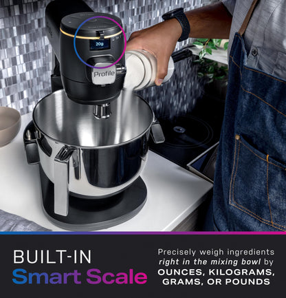 GE Profile Smart Stand Mixer, Built-In Smart Scale & Auto Sense Technology, 7qt Stainless Steel Bowl, 11 Speed, Includes Dough Hook, Beater, 11-Wire Whip, WiFi Connected, Carbon Black