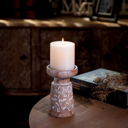 SOFE Handcarved Pillar Candle Holder Mantel, Farmhouse Wood Candle Holders, 6 Inch Tall Rustic Candle Holder for Dining Table Centerpiece Decor, Wooden Brown Candle Stands for Living Room, Bedroom