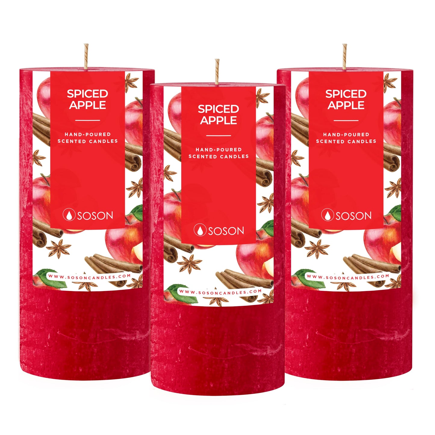 Simply Soson Apple Spiced Scented Candle Set: 3x6 inch, 3 Cinnamon Apple Candles for Fall Home