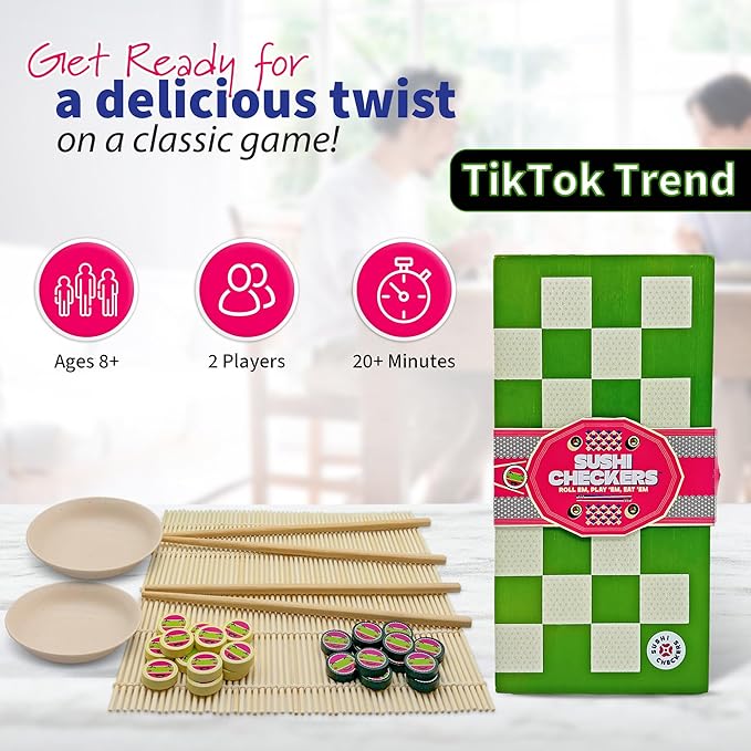 Project Genius: Sushi Checkers - Game &amp Sushi Making Set Folding Bamboo Game Board 24 Checkers &amp Chopsticks Set Adults &amp Kids Ages 8+ 2 Players