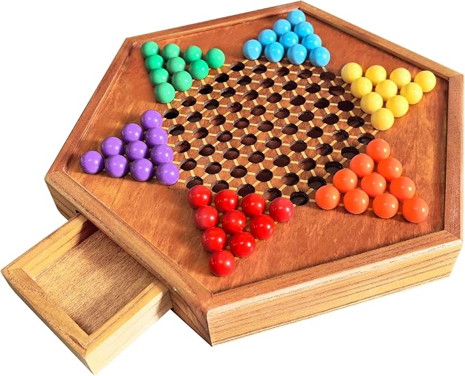 HOLYKING 12.6 Inchs Wooden Chinese Checkers with Drawer-Traditional Board Game with Set of 16mm 60+12 Colorful Acrylic Marbles Classic Strategy Family Game for up to 6 Players