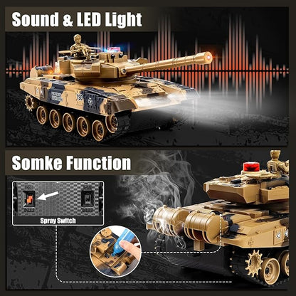 1/24 Remote Control Tank 2.4Ghz Russian T-90 RC Tank &amp 330° Turret Rotation 2× Rechargeable Batteries Army Toys for Boys Infrared Battle Toy with Lights Smoke and Sound Effect Gift for 4+ Kids