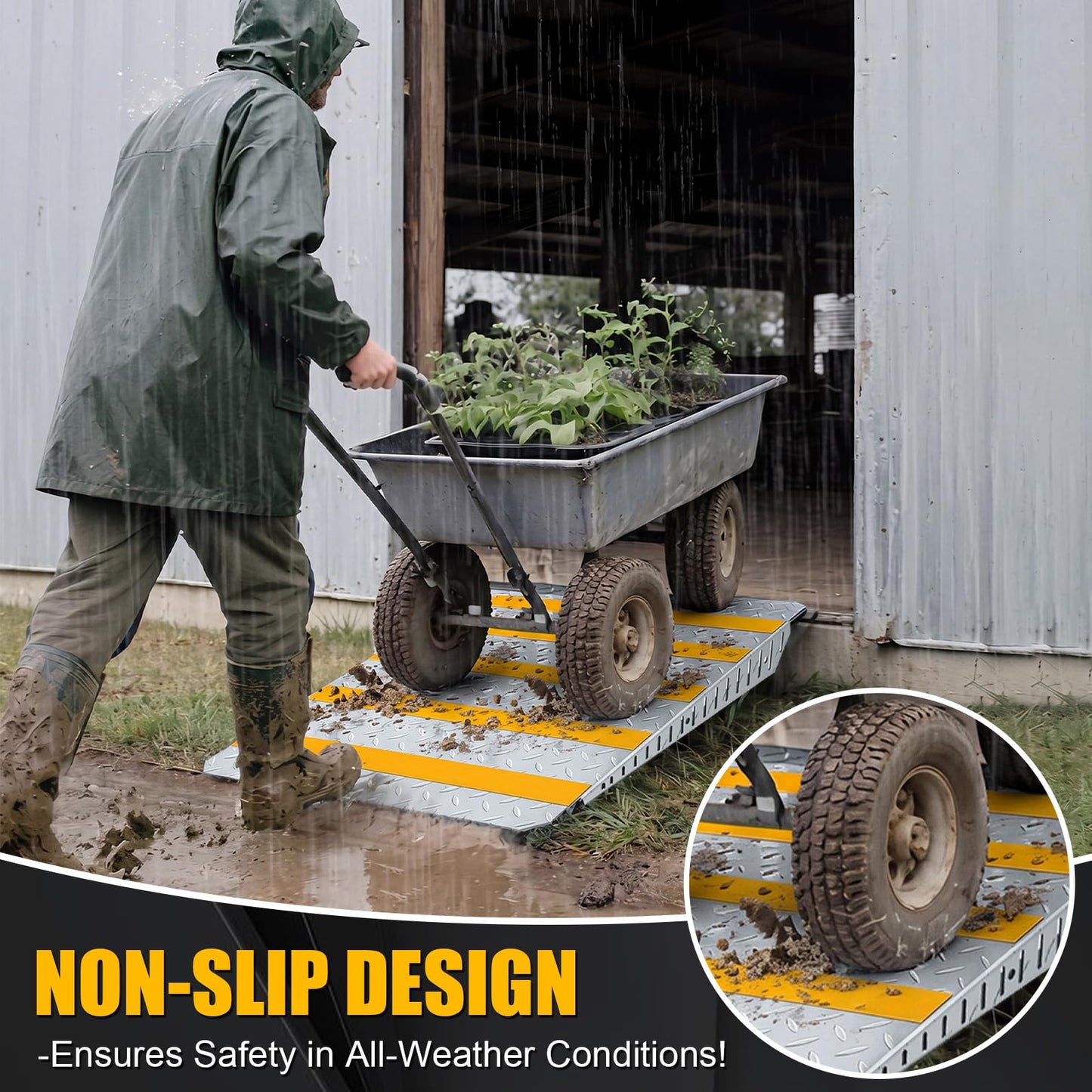 Otoolling 29" x 48" Heavy-Duty Shed Ramp for Riding Mower, Loading Ramps for Sheds Garage Threshold Doorway Lawn Mowers Tractor Snow Blower Wheelchairs Garden Cart, Anti-Slip Punch Plate