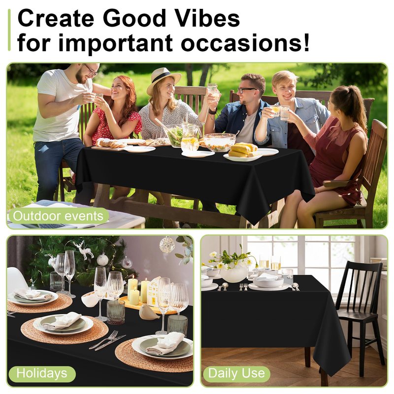 QIKSION Black Plastic Table Cloth Disposable 6 Pack, 54 x 108 Inch Tablecloths for Party, Graduation, Halloween Decorations, Rectangle Table Cover