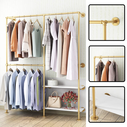 IronJiaZu Gold Pipe Clothes Racks with White Shelves, Industrial Pipe Gold Clothing Rack with Double Hanging Rods, Heavy Duty Wall Mounted Clothing Rack Rod for Closet Storage, Bedroom