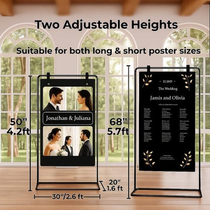 Merrifete Welcome Sign Stand, Adjustable Sign Holder Stand w/ Poster Design Templates & Leather Straps, Heavy Duty Metal Easel for Wedding, Bridal Shower, Birthday Party, Baby Shower, 68" x 30" x 20"