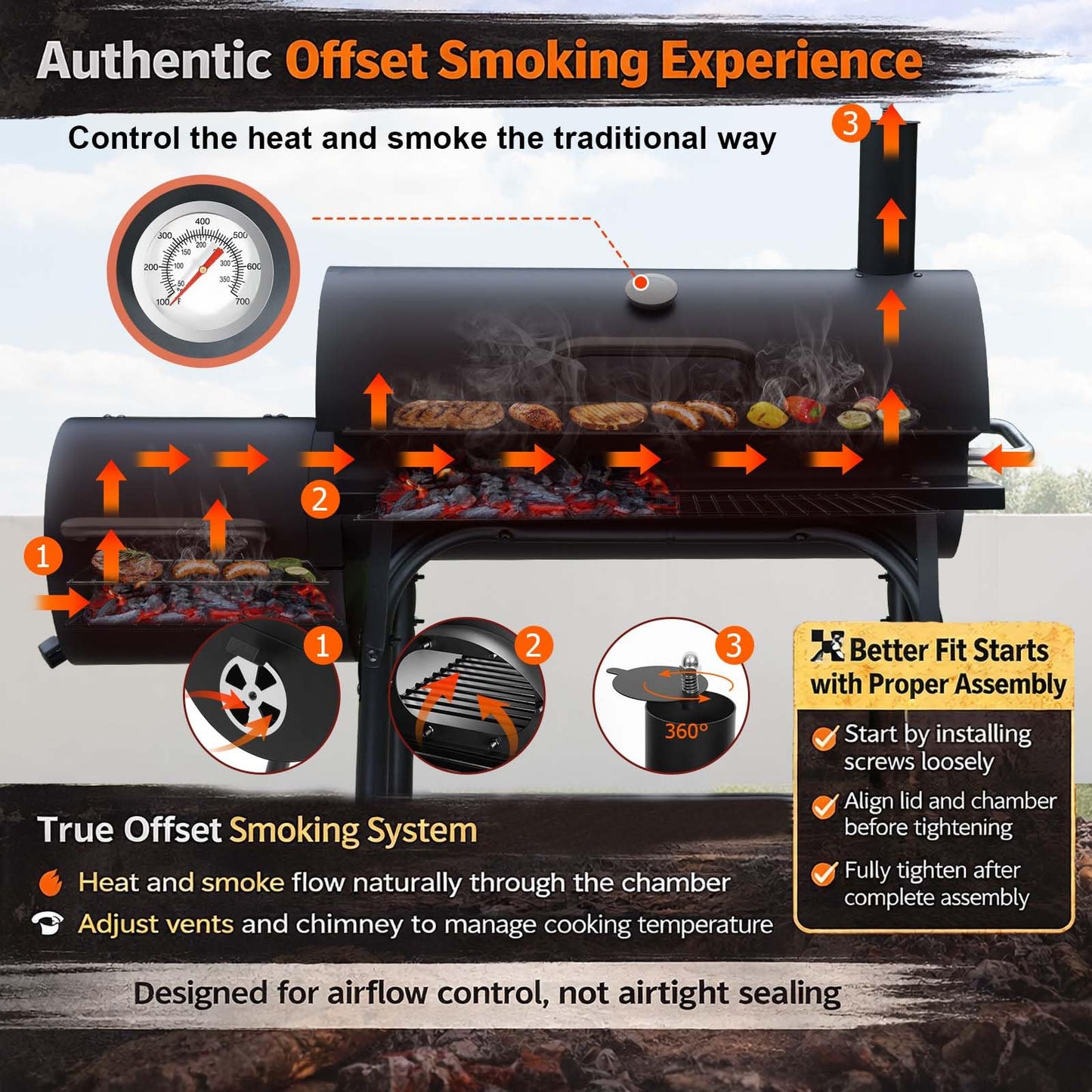 Realcook Charcoal Grills with Offest Smokers: Spacious Barrel Charcoal BBQ Grill | Barbecue Smoker Grill Combo for Outdoor Backyard Patio Camping Picnic and Party