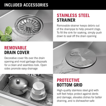 DELTA FAUCET 95A932-33S-SS Lorelai Workstation Kitchen Sink Drop-in Top Mount Stainless Steel Single Bowl with WorkFlow Ledge and Chef’s Kit of 5 Accessories
