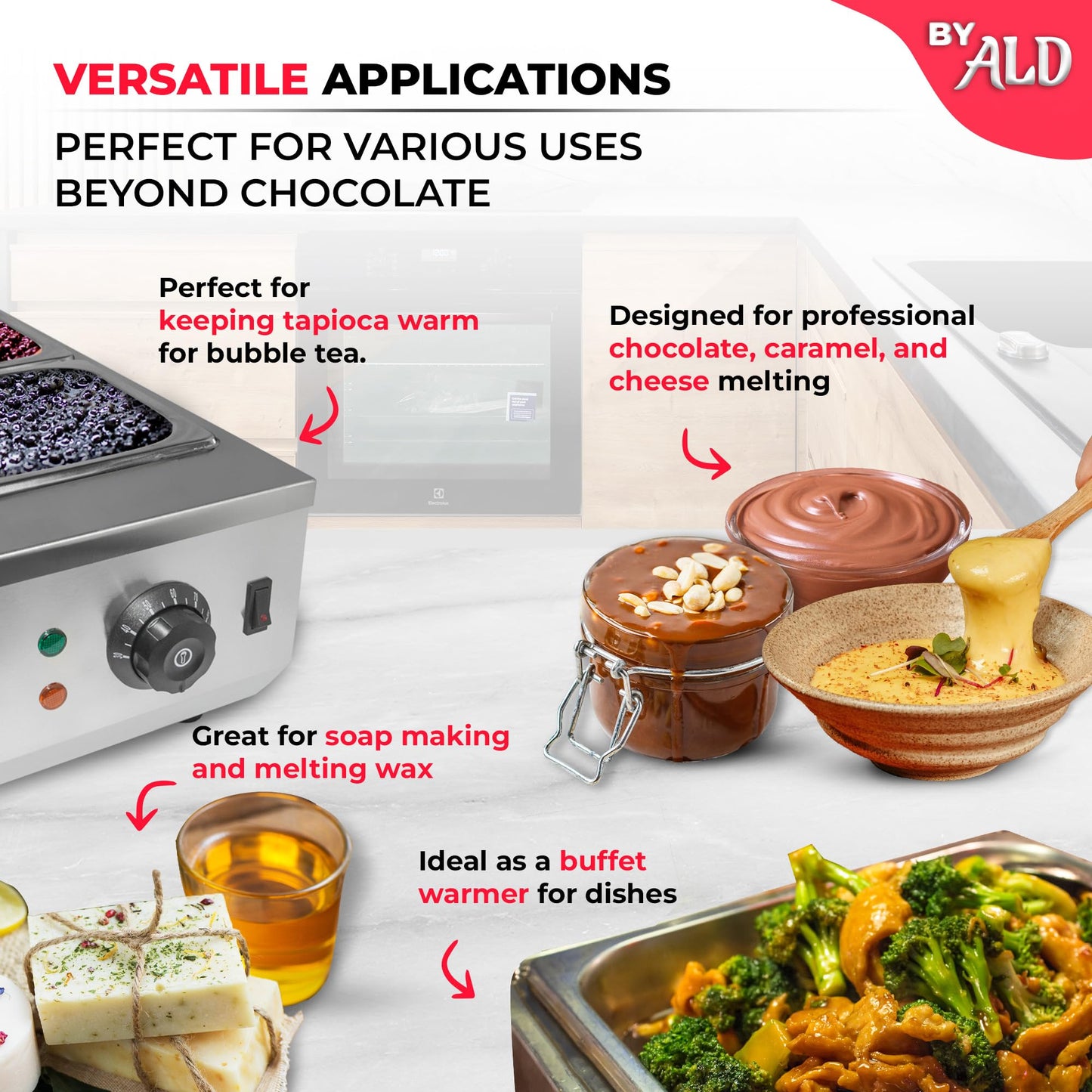 ALDKitchen Chocolate Melting Pot - Commercial Stainless Steel Electric Chocolate Melter, 1 Large Tank + 2 Extra Small Tanks, Adjustable Temp 86-185 °F for Desserts & Candy