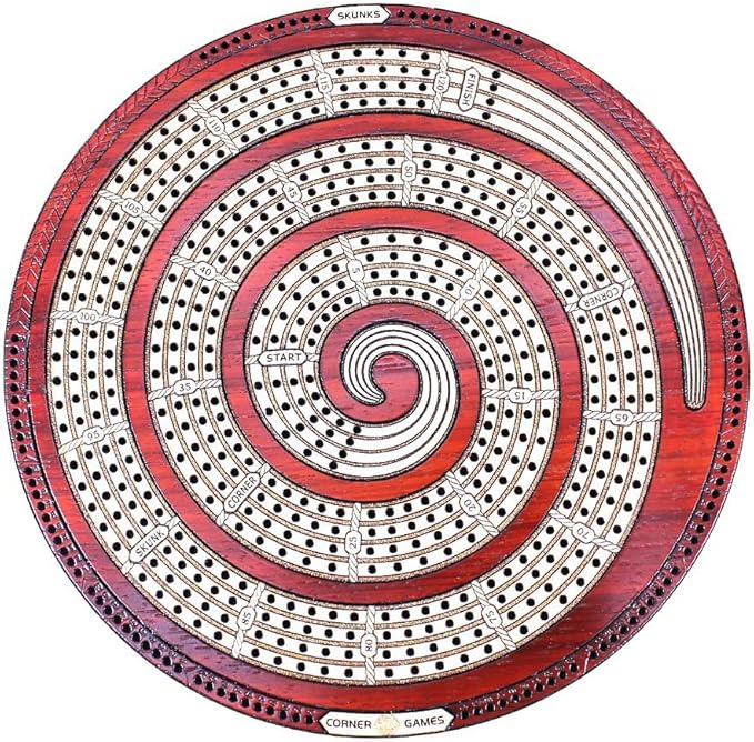 House of Cribbage - Cribbage Board Spiral Design Round Shape 4 Tracks Bloodwood/Maple with Place for Skunks Corners &amp Won Games