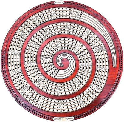 House of Cribbage - Cribbage Board Spiral Design Round Shape 4 Tracks Bloodwood/Maple with Place for Skunks Corners &amp Won Games