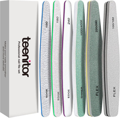 Teenitor Nail File Nail Buffer, 6 pcs Nail Files and Buffers for Natural Nails, Emery Boards for Nails, Nail Buffer and Shine Kit Nail Filer, Nail Buffer Block 100/180 Grit Nail Files Fingernail Files