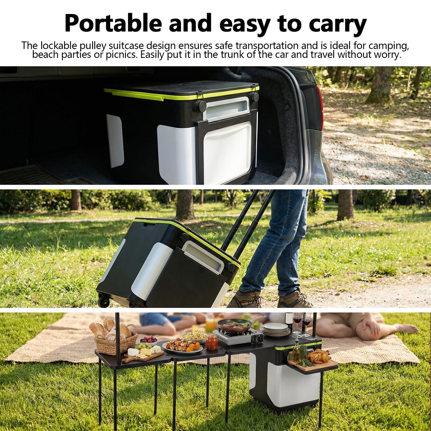 Outdoor Grill Cart Table with Wheels Portable Folding Camp Cook Station with Light Poles for Picnic Party Beach BBQ Cooking Indoor