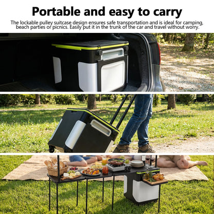 Outdoor Grill Cart Table with Wheels Portable Folding Camp Cook Station with Light Poles for Picnic Party Beach BBQ Cooking Indoor