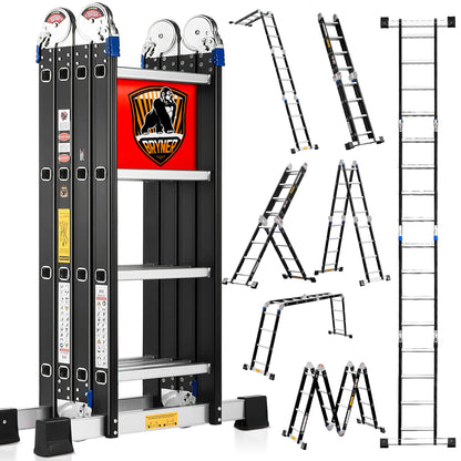 Bryner 7 in 1 Multi-Purpose Ladder Aluminium 14Ft Folding Adjustable Telescoping Step Extension Ladder Meet SGS EN 131 Standard Heavy Duty 330lbs (14Ft)