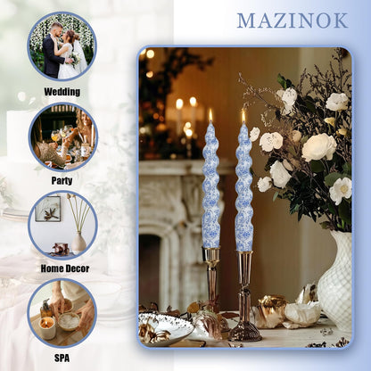 Print Taper Candles Dripless Candlesticks - 2 Pack Handmade Blue Flower Candle Long Spiral Candle Sticks - 7.5 inches Tapered Candles for Home Party Wedding Restaurant Holiday Decor