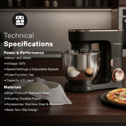 KOCHSTELLE Black Electric Stand Mixer 6.8 Quart Qt, 660W, 6-Speed Adjustable, Stainless Steel Planetary, Portable, Compact & Elegant Kitchen Mixer for Baking & Cooking