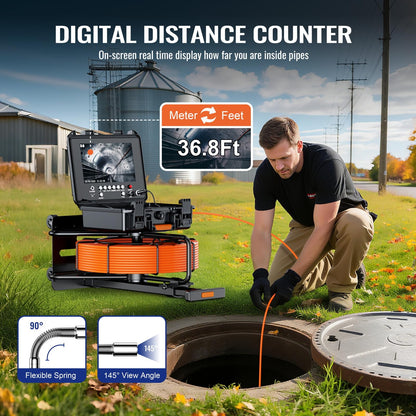 Hialemi Portable 9'' Sewer Camera with 512Hz Transmitter - 100Ft/30M Self Leveling Drain Camera & Meter Counter & 5X Zoom - 145° Plumbing Pipe Inspection Cam with Lights - 1080P IPS Screen & DVR 32GB